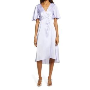 Floret Flutter Sleeve Satin Midi Dress Lavender Purple Size S